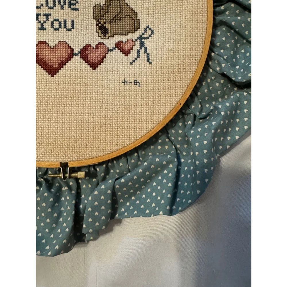 Handmade Cross Stitch Wall Hanging 80s Teddy Bears Love you Hearts
